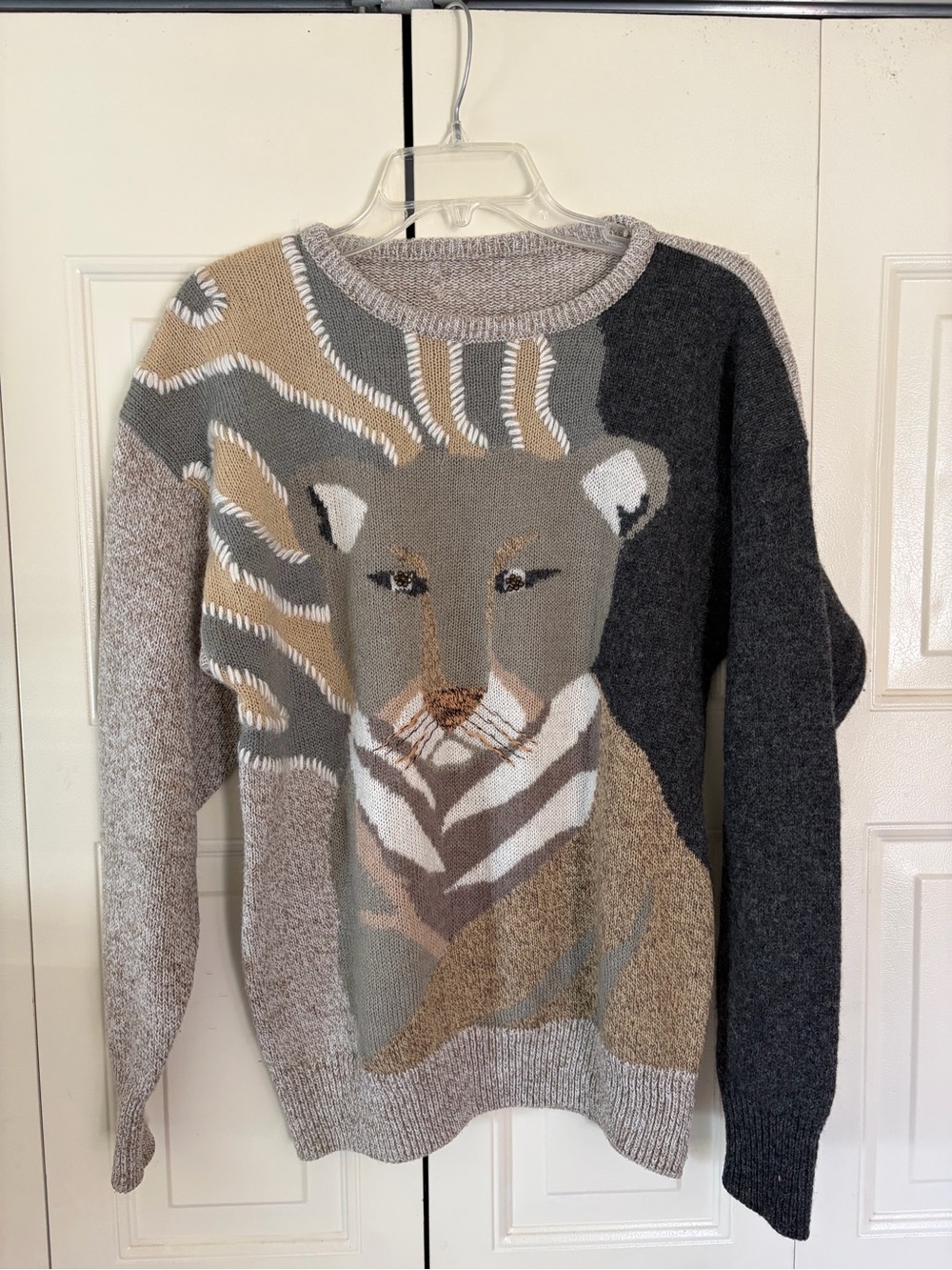 Vintage 90s Art-to-Wear Big Cat Maximalist Embellished Wool  Sweater Size M WMNS